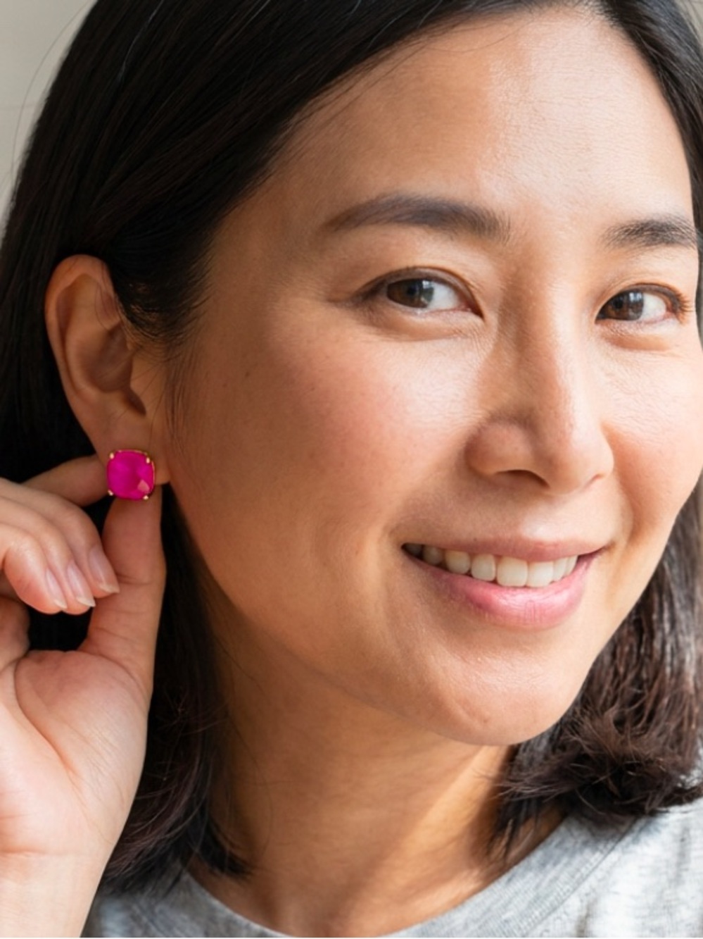 Bright Pink Glass Cushion Stud Earrings